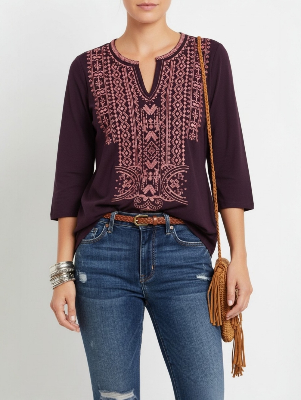 Pure Jill J Jill Burgundy Embroidered Tunic Boho Peasant Top SP